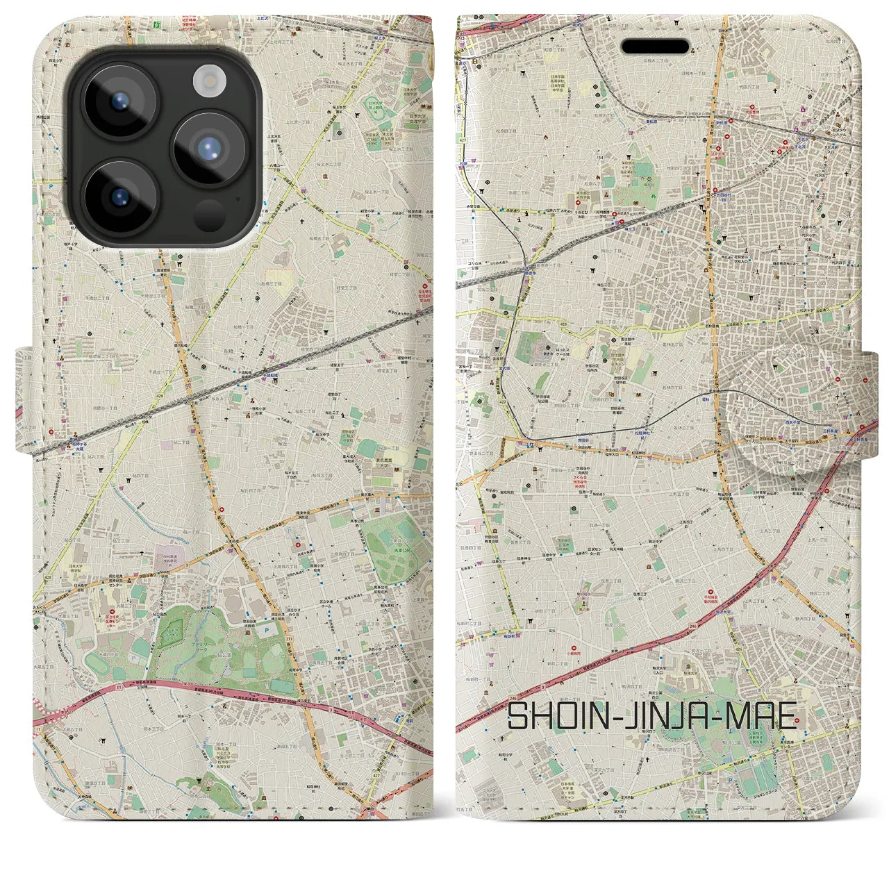 【松陰神社前】地図柄iPhoneケース（手帳両面タイプ・ナチュラル）iPhone 15 Pro Max 用