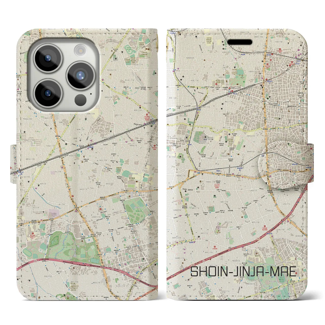 【松陰神社前】地図柄iPhoneケース（手帳両面タイプ・ナチュラル）iPhone 15 Pro 用
