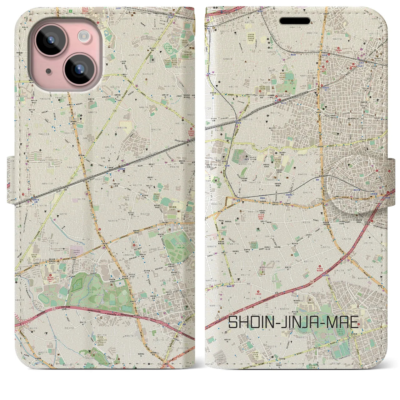 【松陰神社前】地図柄iPhoneケース（手帳両面タイプ・ナチュラル）iPhone 15 Plus 用
