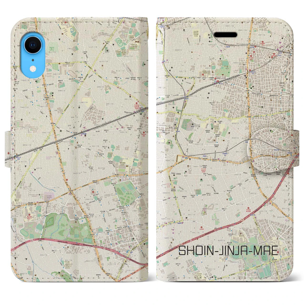 【松陰神社前】地図柄iPhoneケース（手帳両面タイプ・ナチュラル）iPhone XR 用