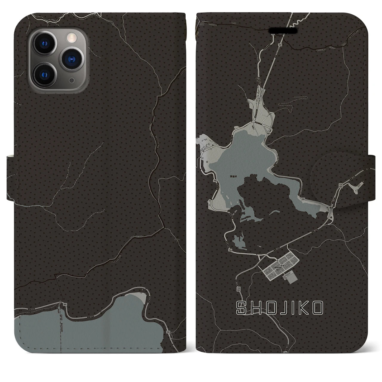 【精進湖】地図柄iPhoneケース（手帳両面タイプ・モノトーン）iPhone 11 Pro Max 用