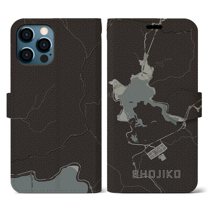 【精進湖（山梨県）】地図柄iPhoneケース（手帳タイプ）モノトーン・iPhone 12 / 12 Pro 用