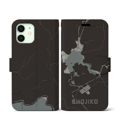 【精進湖（山梨県）】地図柄iPhoneケース（手帳タイプ）モノトーン・iPhone 12 mini 用