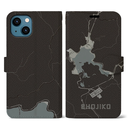 【精進湖（山梨県）】地図柄iPhoneケース（手帳タイプ）モノトーン・iPhone 13 用