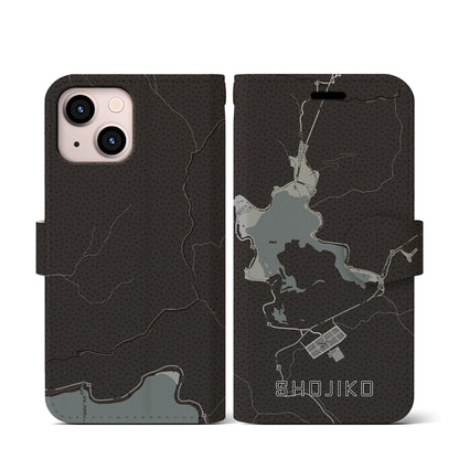 【精進湖（山梨県）】地図柄iPhoneケース（手帳タイプ）モノトーン・iPhone 13 mini 用