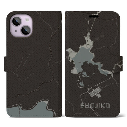 【精進湖（山梨県）】地図柄iPhoneケース（手帳タイプ）モノトーン・iPhone 14 用