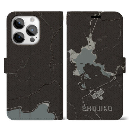 【精進湖（山梨県）】地図柄iPhoneケース（手帳タイプ）モノトーン・iPhone 14 Pro 用