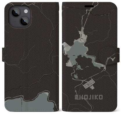 【精進湖（山梨県）】地図柄iPhoneケース（手帳タイプ）モノトーン・iPhone 14 Plus 用