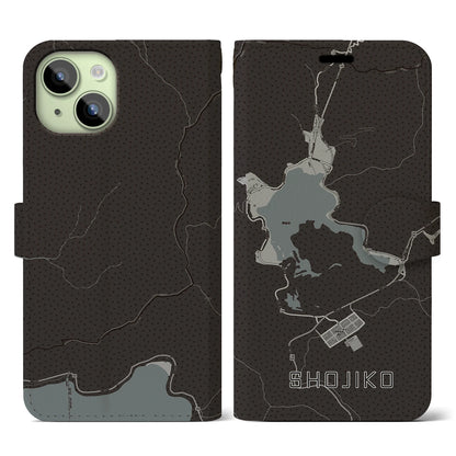 【精進湖（山梨県）】地図柄iPhoneケース（手帳タイプ）モノトーン・iPhone 15 用