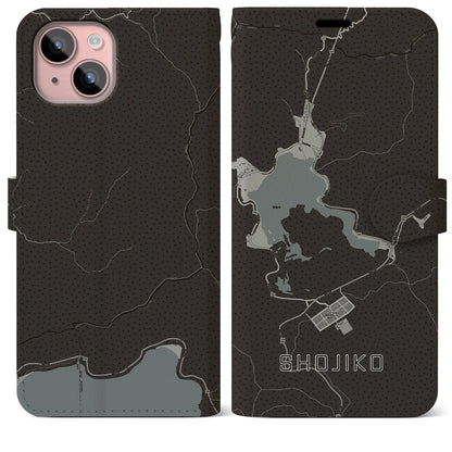 【精進湖（山梨県）】地図柄iPhoneケース（手帳タイプ）モノトーン・iPhone 15 Plus 用