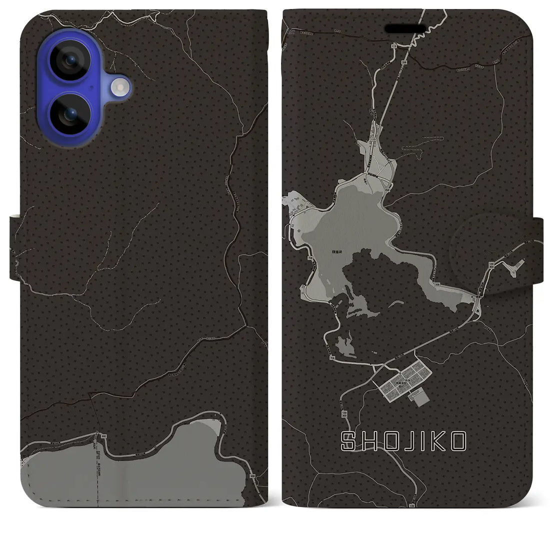 【精進湖(山梨県)】地図柄iPhoneケース(手帳タイプ)モノトーン・iPhone 16 Pro Max 用