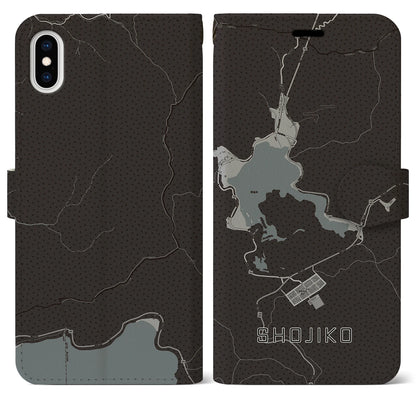 【精進湖（山梨県）】地図柄iPhoneケース（手帳タイプ）モノトーン・iPhone XS Max 用