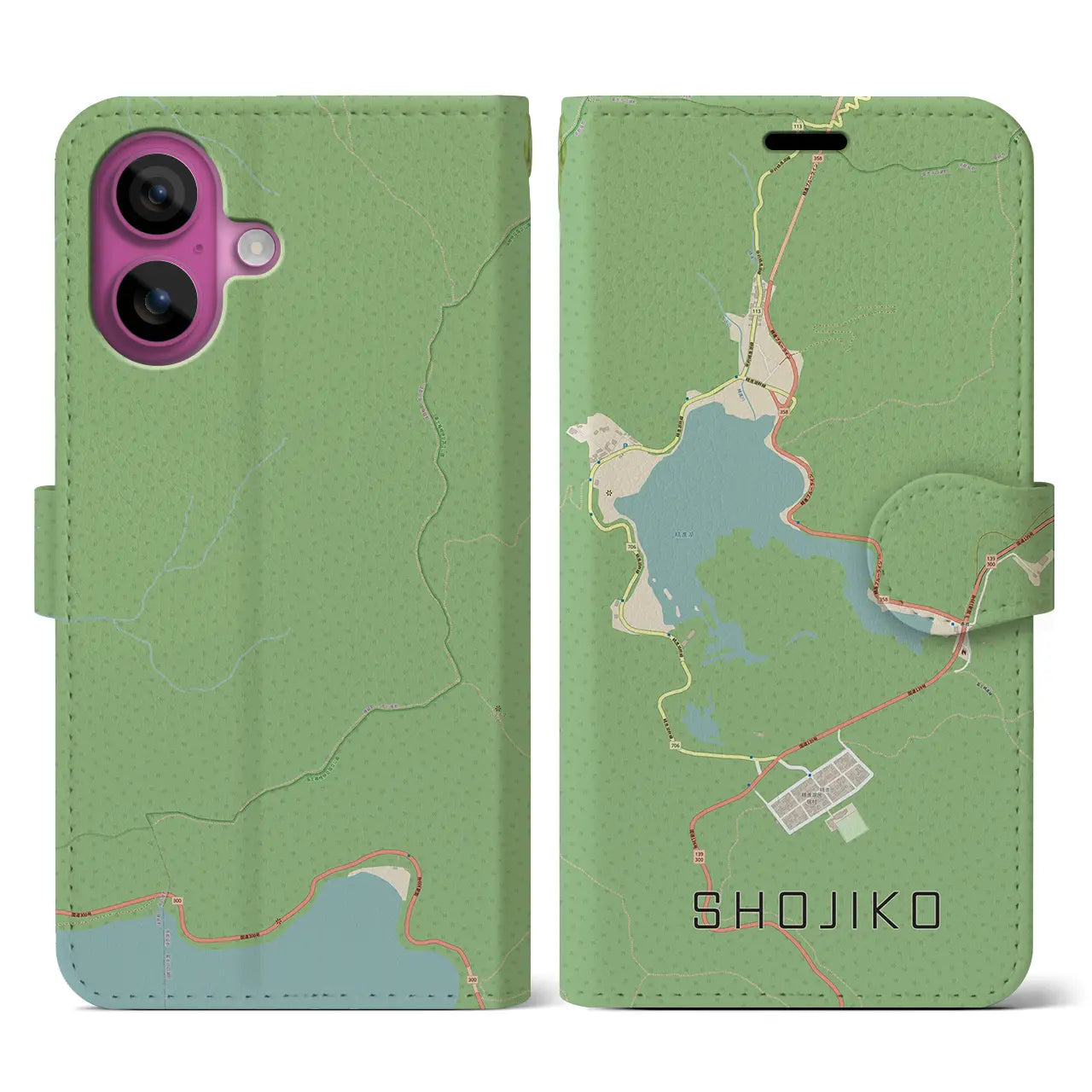 【精進湖（山梨県）】地図柄iPhoneケース（手帳タイプ）ナチュラル・iPhone 16 Pro 用