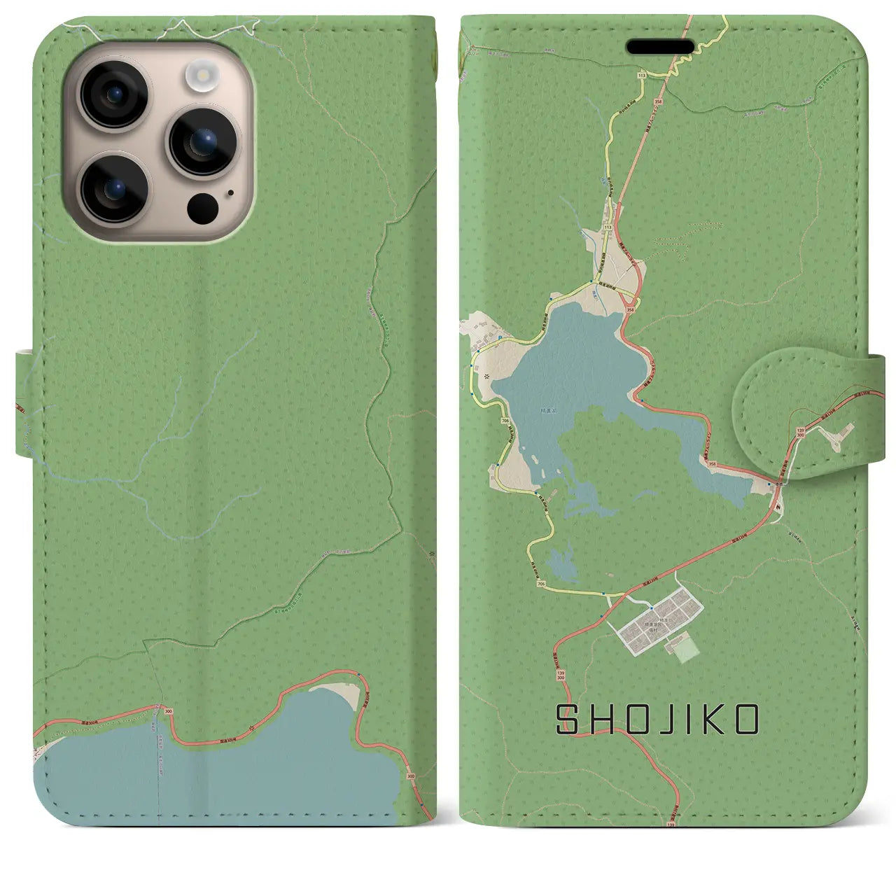 【精進湖（山梨県）】地図柄iPhoneケース（手帳タイプ）ナチュラル・iPhone 16 Plus 用