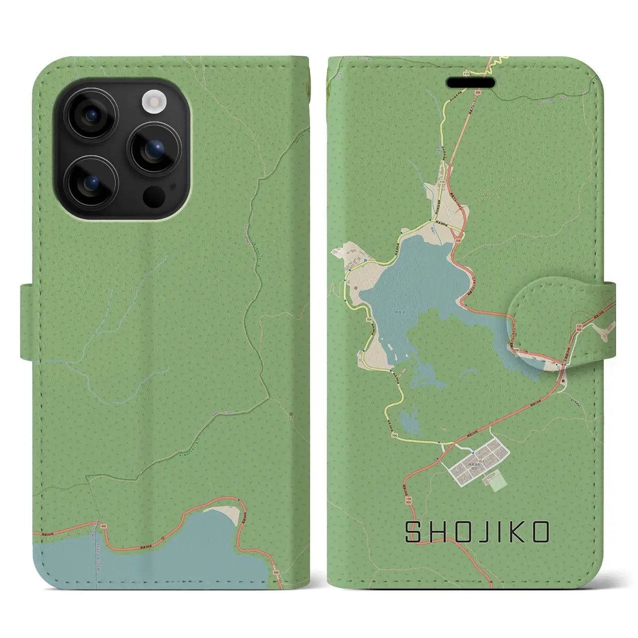 【精進湖（山梨県）】地図柄iPhoneケース（手帳タイプ）ナチュラル・iPhone 16 用