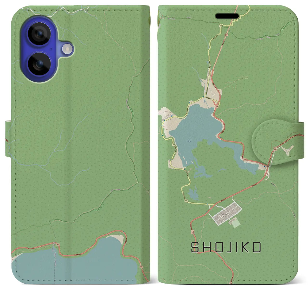 【精進湖（山梨県）】地図柄iPhoneケース（手帳タイプ）ナチュラル・iPhone 16 Pro Max 用