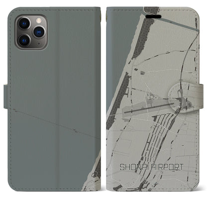 【庄内空港（山形県）】地図柄iPhoneケース（手帳タイプ）モノトーン・iPhone 11 Pro Max 用