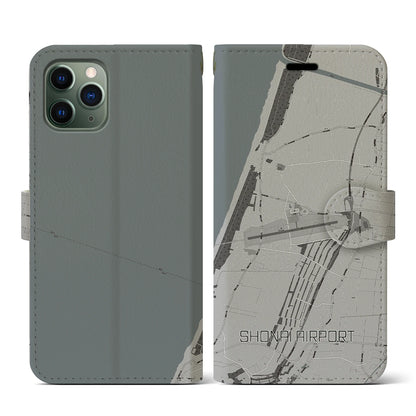 【庄内空港（山形県）】地図柄iPhoneケース（手帳タイプ）モノトーン・iPhone 11 Pro 用