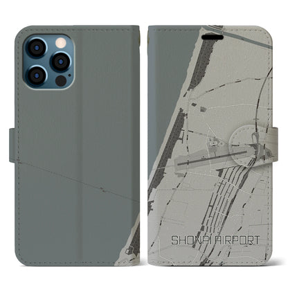 【庄内空港（山形県）】地図柄iPhoneケース（手帳タイプ）モノトーン・iPhone 12 / 12 Pro 用