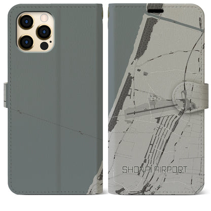 【庄内空港（山形県）】地図柄iPhoneケース（手帳タイプ）モノトーン・iPhone 12 Pro Max 用