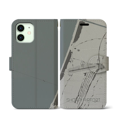 【庄内空港（山形県）】地図柄iPhoneケース（手帳タイプ）モノトーン・iPhone 12 mini 用