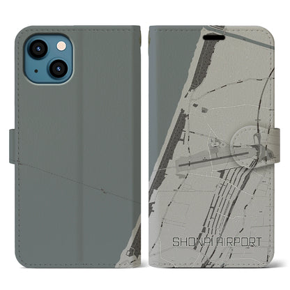 【庄内空港（山形県）】地図柄iPhoneケース（手帳タイプ）モノトーン・iPhone 13 用