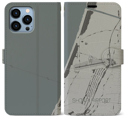 【庄内空港（山形県）】地図柄iPhoneケース（手帳タイプ）モノトーン・iPhone 13 Pro Max 用