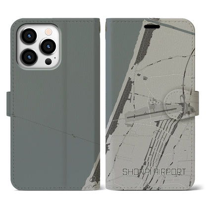 【庄内空港（山形県）】地図柄iPhoneケース（手帳タイプ）モノトーン・iPhone 13 Pro 用