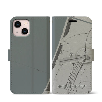 【庄内空港（山形県）】地図柄iPhoneケース（手帳タイプ）モノトーン・iPhone 13 mini 用