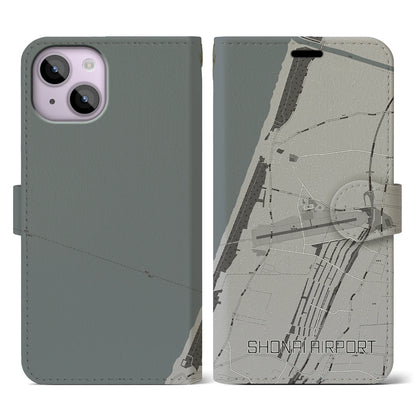 【庄内空港（山形県）】地図柄iPhoneケース（手帳タイプ）モノトーン・iPhone 14 用