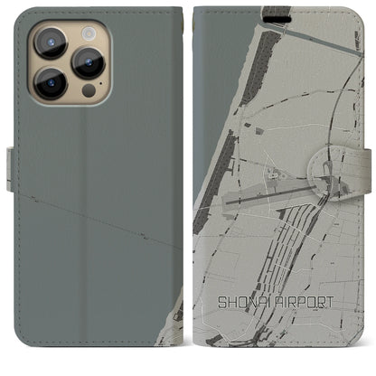 【庄内空港（山形県）】地図柄iPhoneケース（手帳タイプ）モノトーン・iPhone 14 Pro Max 用