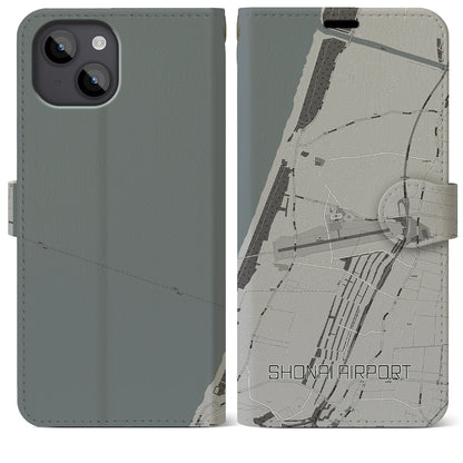 【庄内空港（山形県）】地図柄iPhoneケース（手帳タイプ）モノトーン・iPhone 14 Plus 用