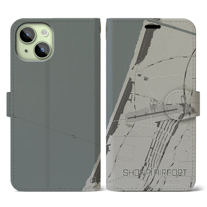 【庄内空港（山形県）】地図柄iPhoneケース（手帳タイプ）モノトーン・iPhone 15 用