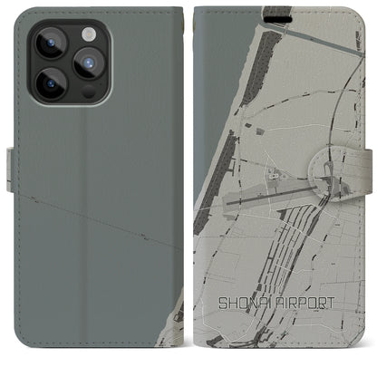 【庄内空港（山形県）】地図柄iPhoneケース（手帳タイプ）モノトーン・iPhone 15 Pro Max 用