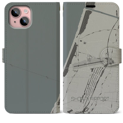 【庄内空港（山形県）】地図柄iPhoneケース（手帳タイプ）モノトーン・iPhone 15 Plus 用