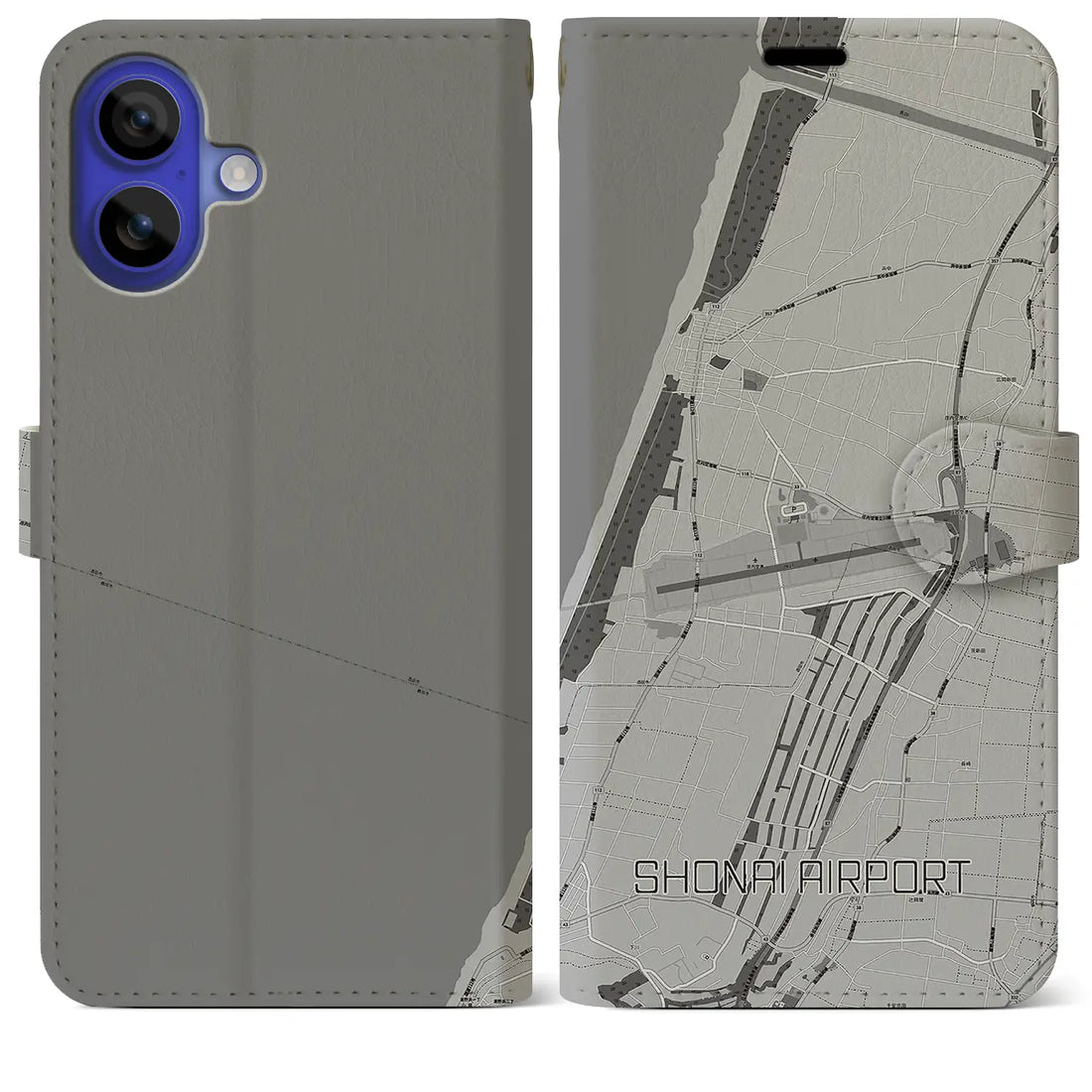 【庄内空港(山形県)】地図柄iPhoneケース(手帳タイプ)モノトーン・iPhone 16 Pro Max 用