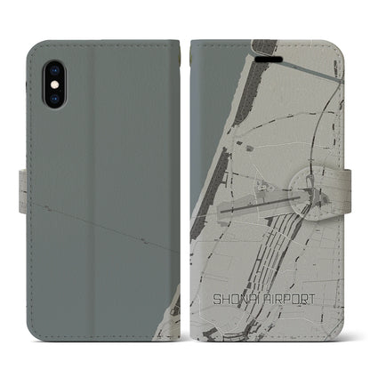 【庄内空港（山形県）】地図柄iPhoneケース（手帳タイプ）モノトーン・iPhone XS / X 用