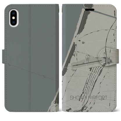 【庄内空港（山形県）】地図柄iPhoneケース（手帳タイプ）モノトーン・iPhone XS Max 用