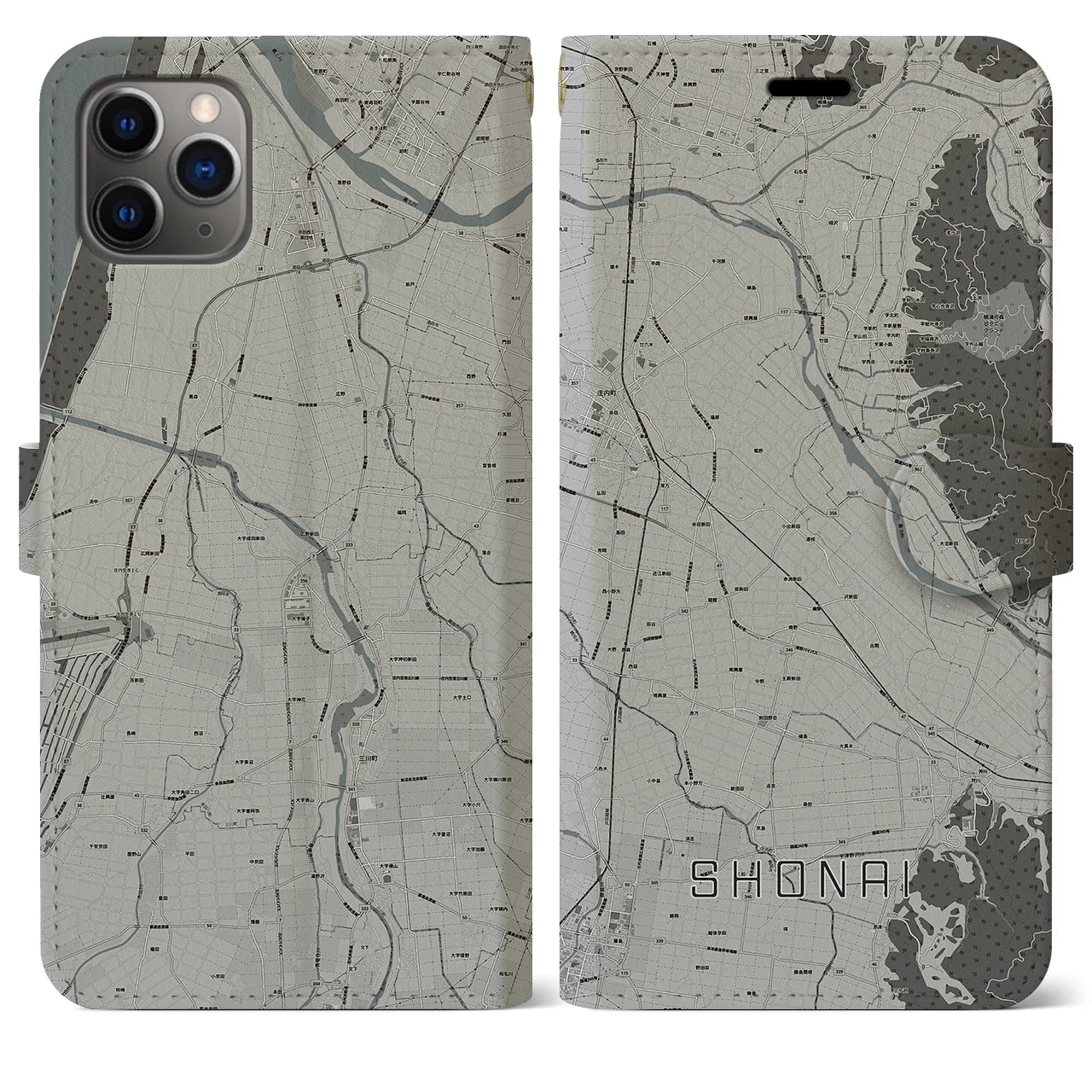 【庄内】地図柄iPhoneケース（手帳両面タイプ・モノトーン）iPhone 11 Pro Max 用