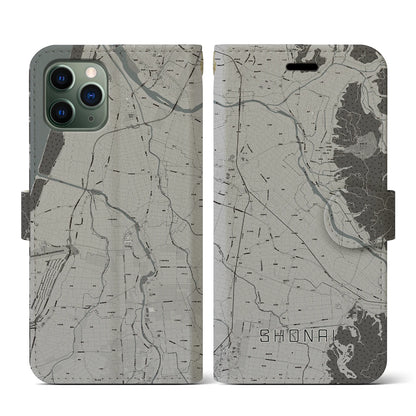 【庄内（山形県）】地図柄iPhoneケース（手帳タイプ）モノトーン・iPhone 11 Pro 用