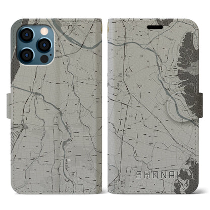 【庄内（山形県）】地図柄iPhoneケース（手帳タイプ）モノトーン・iPhone 12 / 12 Pro 用