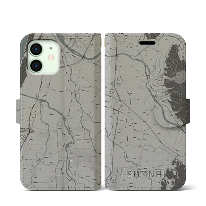 【庄内（山形県）】地図柄iPhoneケース（手帳タイプ）モノトーン・iPhone 12 mini 用