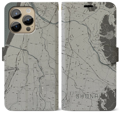 【庄内（山形県）】地図柄iPhoneケース（手帳タイプ）モノトーン・iPhone 14 Pro Max 用