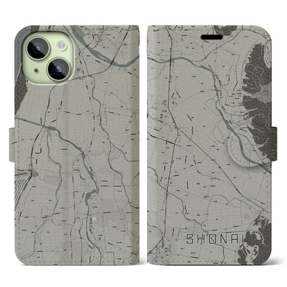 【庄内（山形県）】地図柄iPhoneケース（手帳タイプ）モノトーン・iPhone 15 用