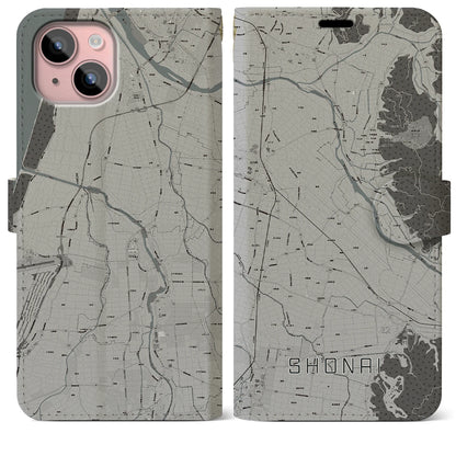 【庄内（山形県）】地図柄iPhoneケース（手帳タイプ）モノトーン・iPhone 15 Plus 用