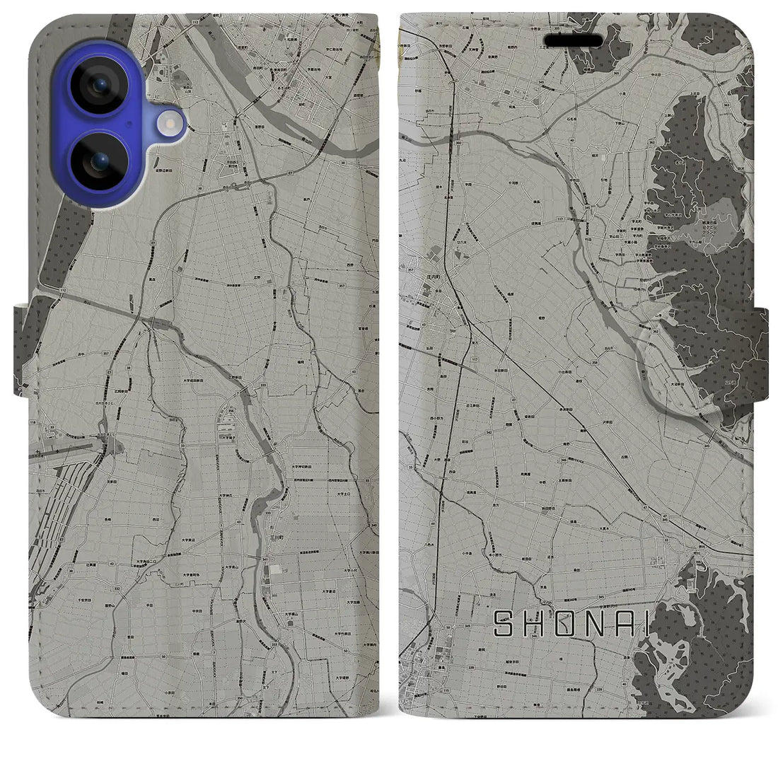 【庄内(山形県)】地図柄iPhoneケース(手帳タイプ)モノトーン・iPhone 16 Pro Max 用