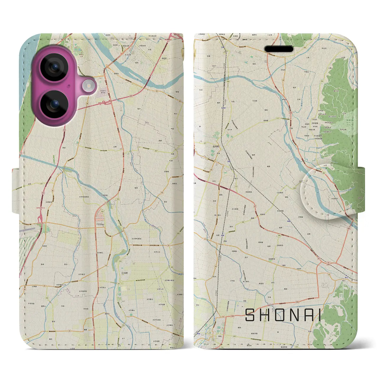 【庄内（山形県）】地図柄iPhoneケース（手帳タイプ）ナチュラル・iPhone 16 Pro 用