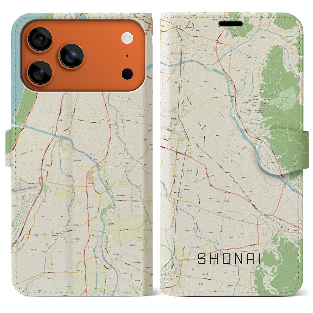 【庄内（山形県）】地図柄iPhoneケース（手帳タイプ）モノトーン・iPhone 17 Pro Max 用