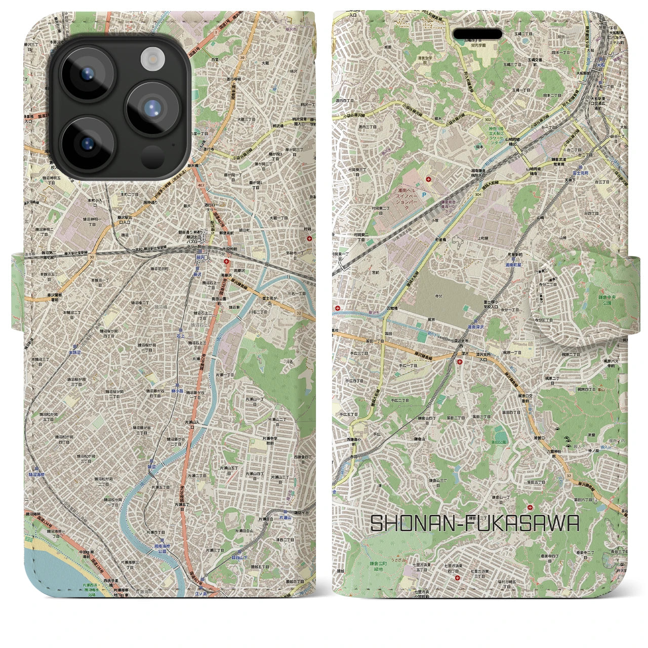 【湘南深沢（神奈川県）】地図柄iPhoneケース（手帳タイプ）