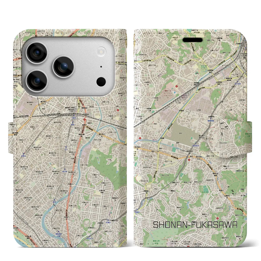 【湘南深沢（神奈川県）】地図柄iPhoneケース（手帳タイプ）ナチュラル・iPhone 17 Pro Max 用